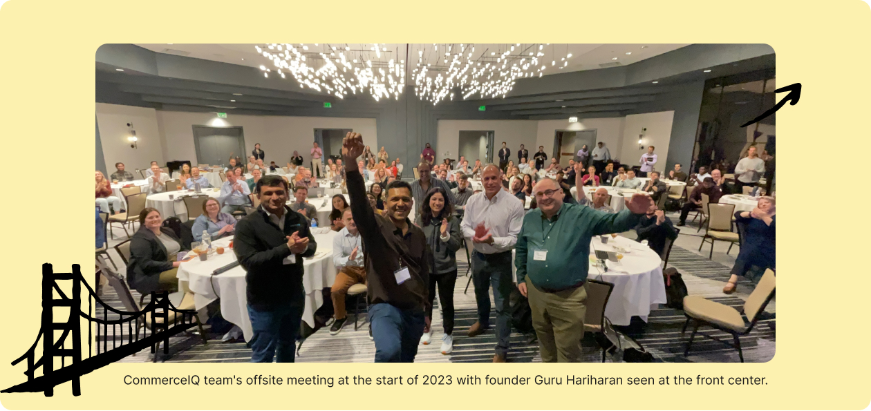 CommerceIQ team's offsite meeting at the start of 2023 with founder Guru Hariharan seen at the front center. 
